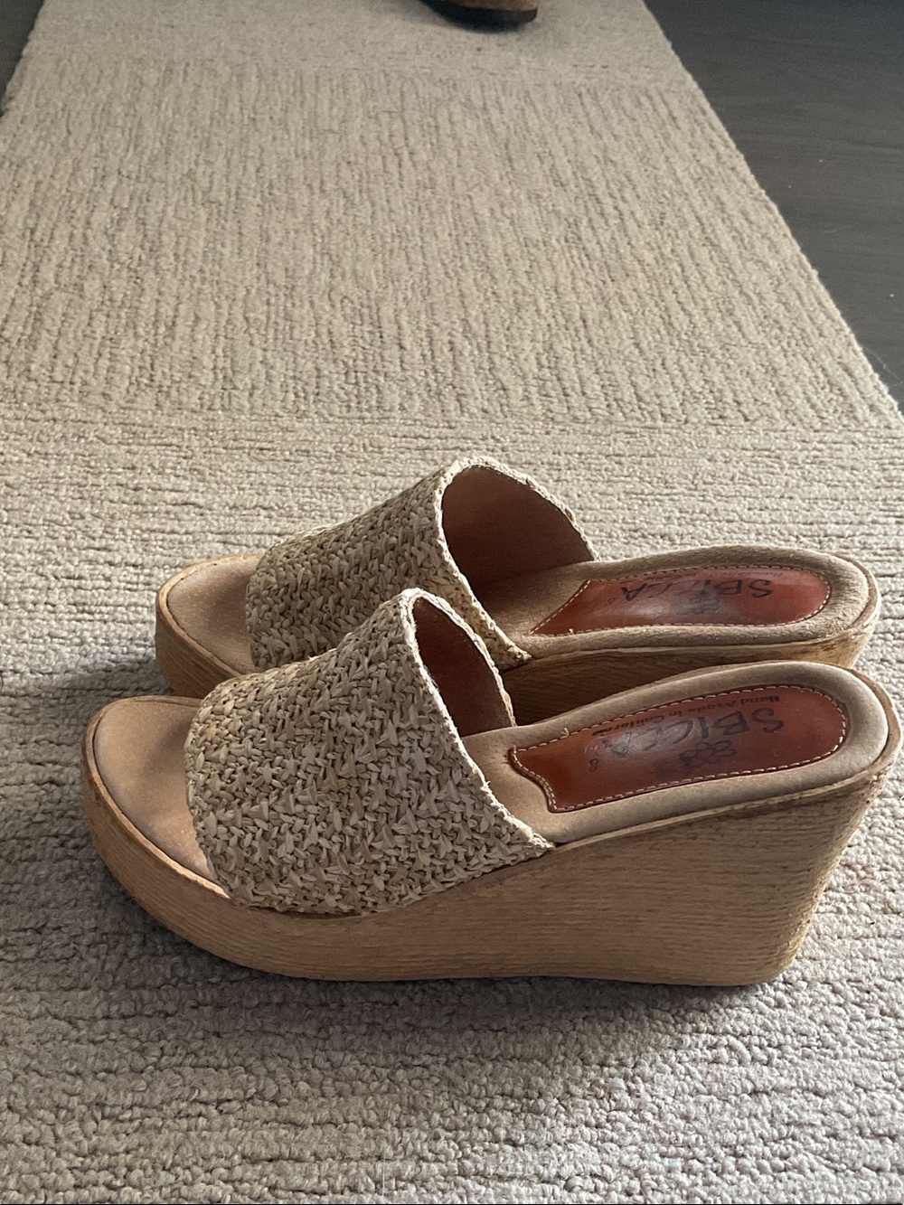 Sbicca Woven Raffia Platform Wedge Slides in Natural Beige - Picture 4 of 5
